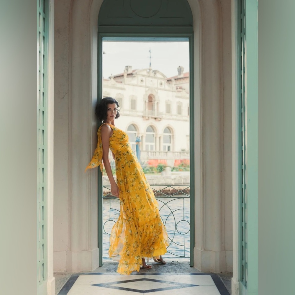 IEENA FOR MAC DUGGAL
Yellow Floral One Shoulder Bow Maxi Dress - Picture 6 of 6